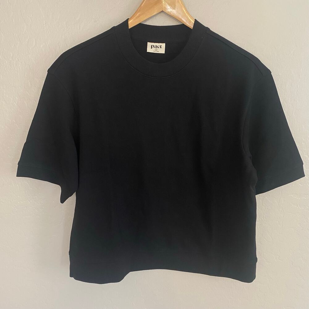 NWOT Pact Womens Size Medium Short Sleeve Sweatshirt Crew Neck Black Fall